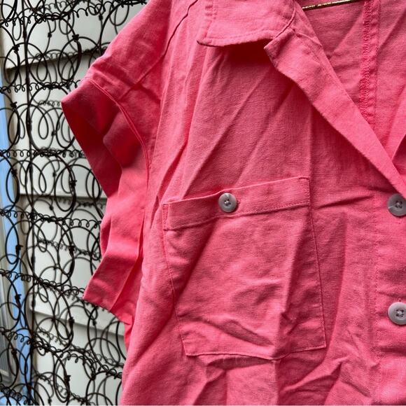 Isabel Linen Blend Pink Rolled Short sleeve Button Up Shirt Blouse LARGE - Picture 3 of 6